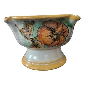 Handmade Pottery Pedestal Bowl Flowers Footed Vintage Floral Signed By Artist